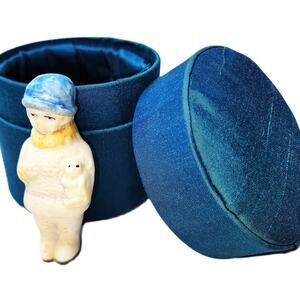3" Vintage Frozen Charlotte with Puppie in Teal Upholstered Round Box w/Lid